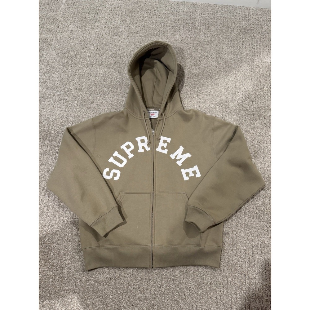 Supreme Champion Zip Up Hooded Sweatshirt Tan Size Small